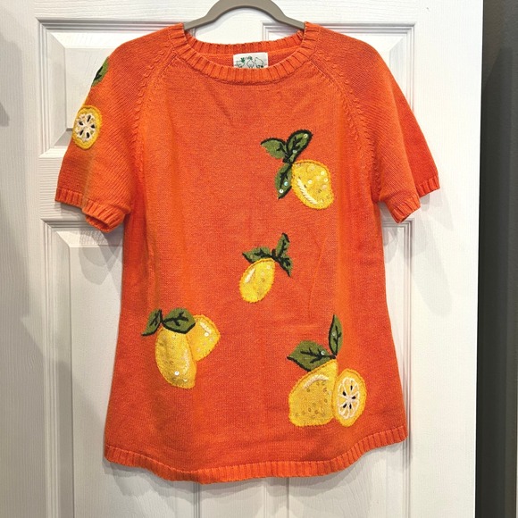 Quacker Factory Sweaters - Quacker Factory Knit Top Ramie Cotton Lemon Applique Cottagecore Orange M